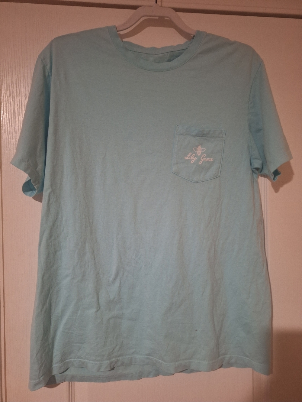 Womens LILY GRACE Pocket Tee Light‎ Blue Large Put Your Records On